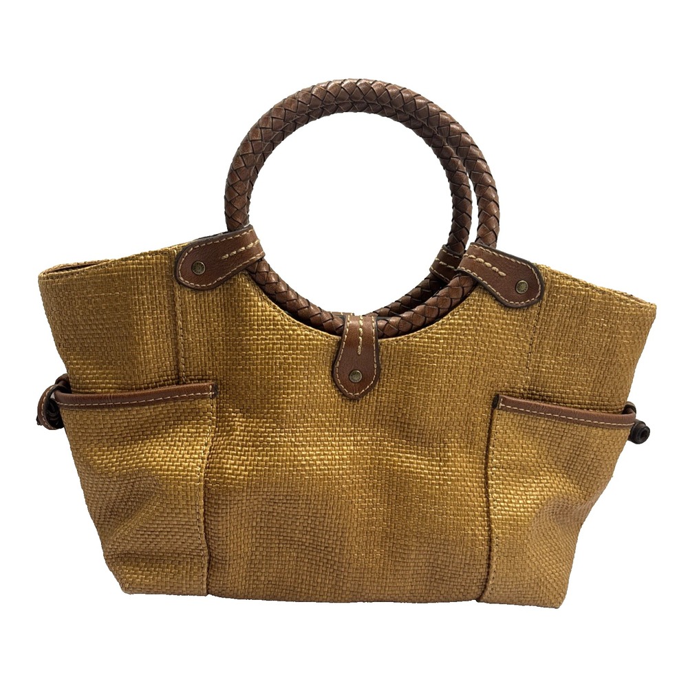 Fossil Handbag Tote Satchel Top Handle Purse Brown Leather Woven Mesh Beach